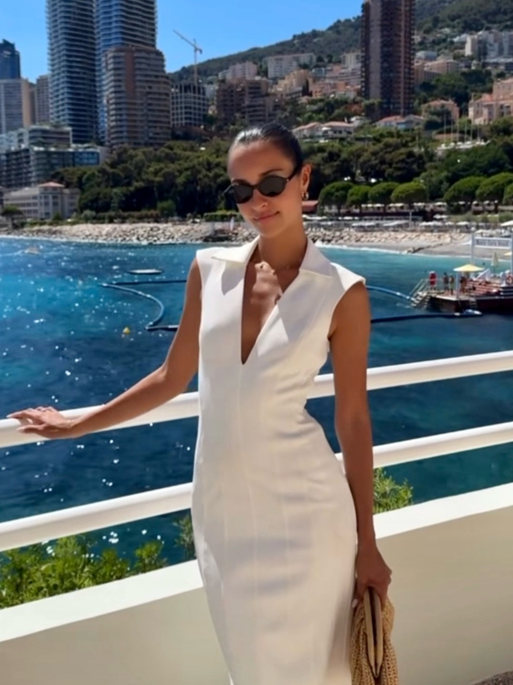 Meshki White Sleeveless V-Neck Midi Dress with Collar